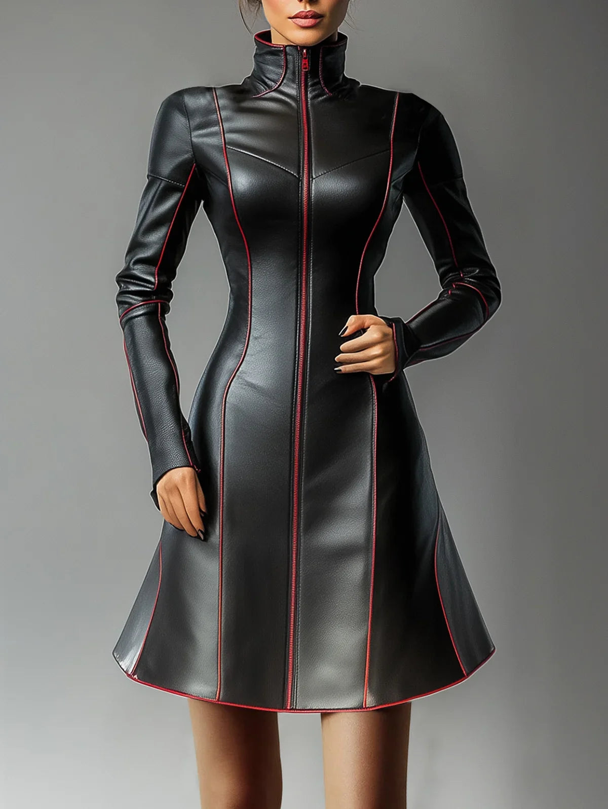 Women Pleated A-Line PU Leather Dress Long Sleeve Grunge Vintage Casual High Street Turtleneck Long Sleeve Mini Dresses 2025