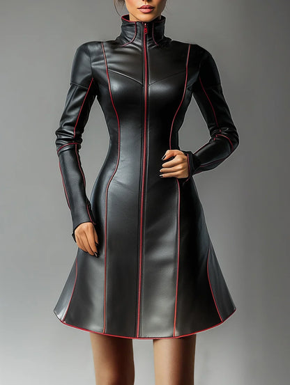 Women Pleated A-Line PU Leather Dress Long Sleeve Grunge Vintage Casual High Street Turtleneck Long Sleeve Mini Dresses 2025