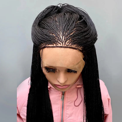 28 Inch Micro Twist Braided Wig for Black Women Front Lace Color 1B Black Braids Glueless Tiny Twist Braid Wigs