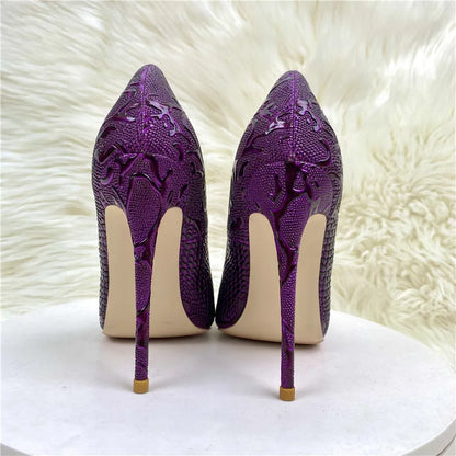 Luxury purple woman high heeled shoes shallow mouth pointed toe slip on unique shoes four season all game pattern snakes shoes - Kimlud