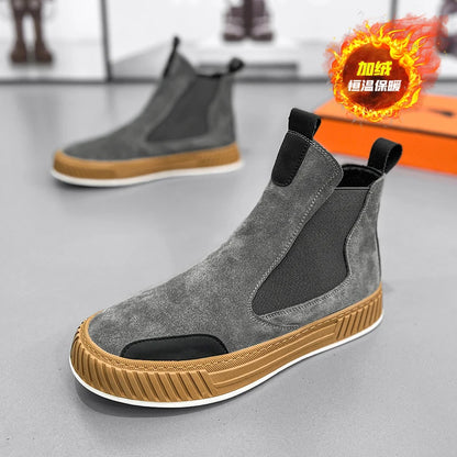 High Top Sneaker Men Winter Plush Snow Boot Fashion Casual Nubuck/Microfiber Leather Upper Height Increased Platform Board Shoes