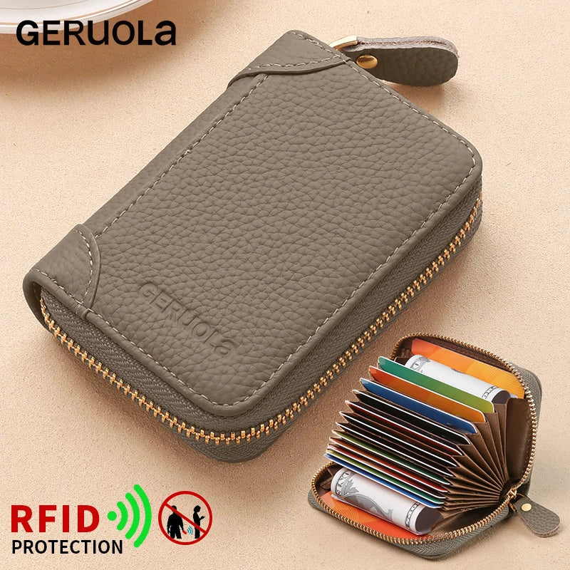 GERUOLA Top-Grain Cowhide RFID-Protected Card Holder Zipper Credit Card Organizer with Multiple Slots ID And Coin Pouch