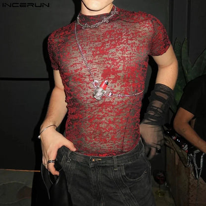 2024 Summer New European and American Men's Sexy Perspective High Neck Design Sensual and Fun Short Sleeve T-shirt Top - Kimlud