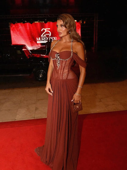 Ofherown Burgundy Halter Neck Beaded Evening Dress Off-Shoulder Corset Prom Gown Elegant Red Carpet Party Prom Maxi Dresses
