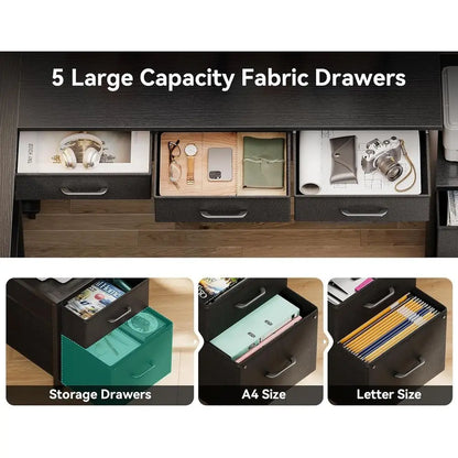 71 L-Shaped Desk with 5 Drawers, LED-lit, Reversible Gaming Desk, 2 Outlets, Black Home Office Desk with Storage，Customized