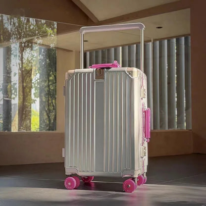 New Aluminum Frame Wide Handlebar Rolling Luggage Large Capacity Trolley Suitcase with Colorful Silent Spinner Wheels TSA Lock
