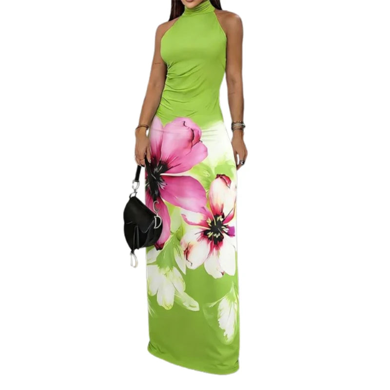 Yeezzi Women's Halter Neck Floral Printed Maxi Dresses 2026 Sleeveless Back Split Hem Slim Fit Summer Elegant Party Evening Gown - Kimlud