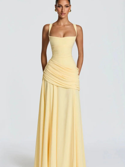 Ofherown 2026 Yellow Spaghetti Strap Evening Dress Prom Gown A-Line Formal Party Dress With Ruched Waist & Lace-Up Back