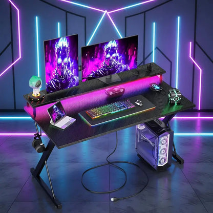40 Ergonomic Carbon Fiber Gaming Desk with LED, Power Outlets, and Monitor Stand for PC Workstation or Bedroom