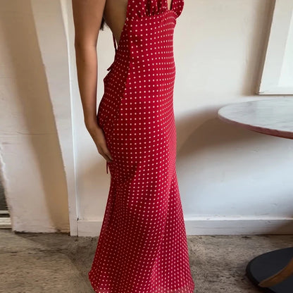Coquette Y2k V Neck Tie Back Spaghetti Strap Maxi Dresses Women Polka Dot Summer Dress with Scarf 2025 Slim Fit A Line...