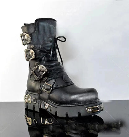 Men's Fashion Genuine Leather Motorcycle Boots Goth Skull Punk Boots New Unisex Mid-calf Cowboy Boots Metallic Combat...