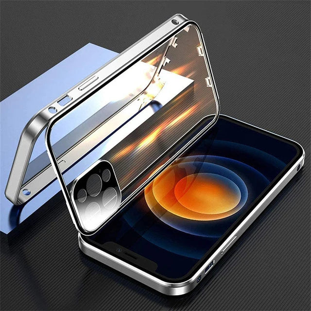 360 Full Protection Metal Magnetic Double Sided Glass Snap Lock Case For iPhone 17 16 15 14 12 13 Pro Max Lens...