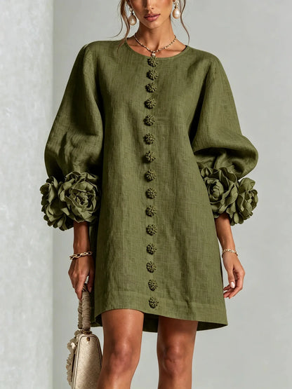 French-style Three-dimensional Flower Lantern Sleeve Cotton-linen Dress with a Round Neck, Single Button Closure, Loose Fit, and