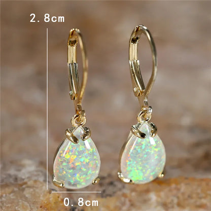 Female White Blue Fire Opal Stone Classic Gold Color Water Drop Earrings Cute Dangle Boho Jewelry For Women