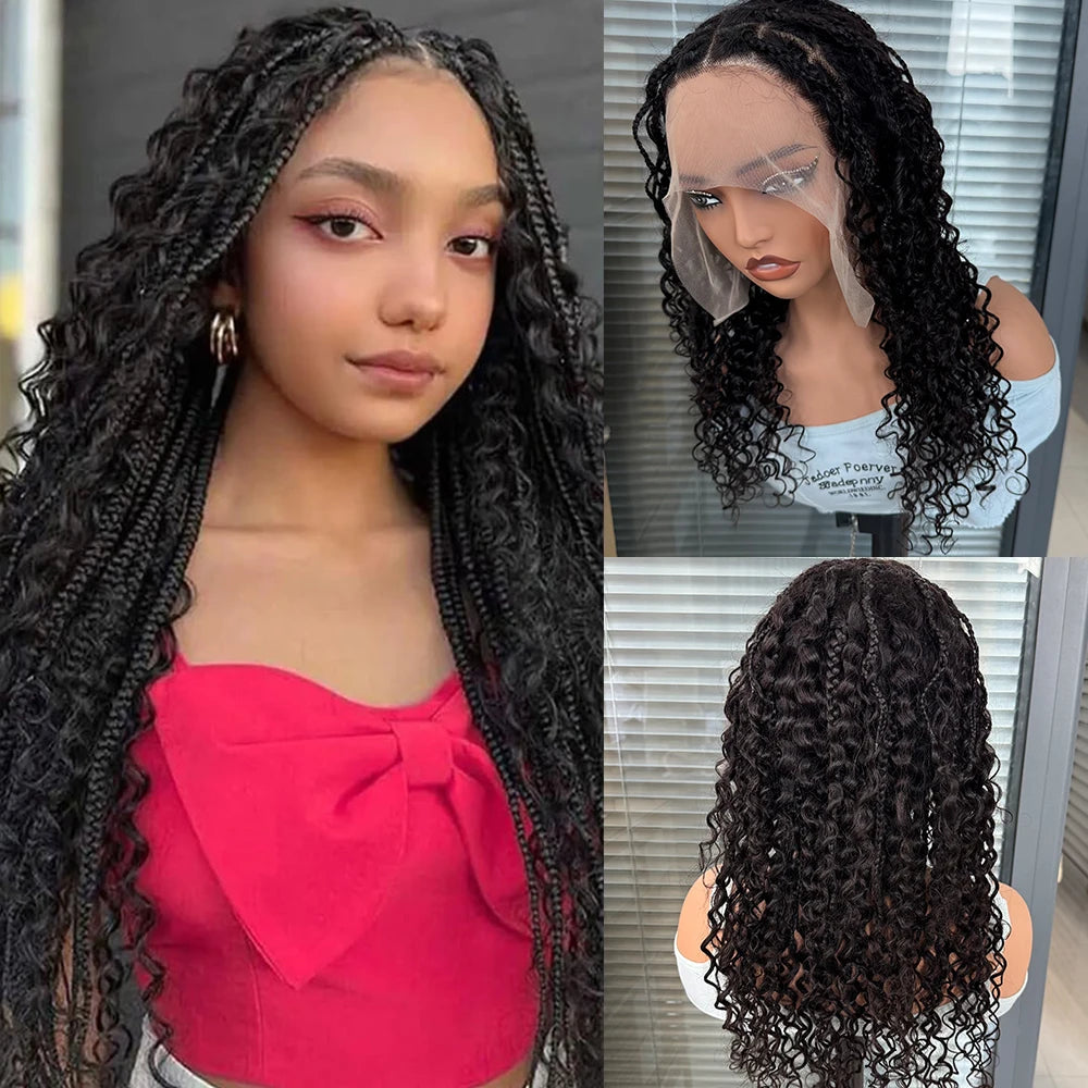 Curly Braided Wigs 100% Human Hair Lace Frontal Wigs Knotless Boho Box Braids Wig 13x6 Curly Human Hair Wigs Pre Plucked