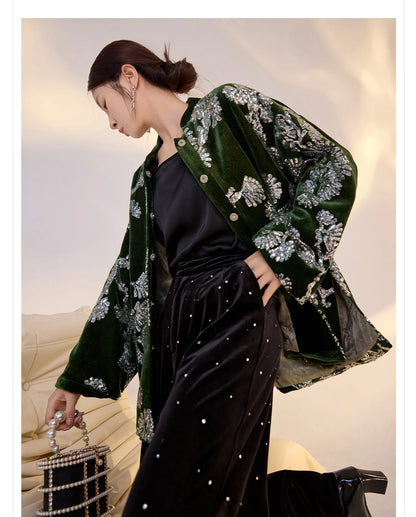 Spring and Autumn New Chinese Style Stand Collar Velvet Hidden Button Coat Elegant Flower Branch +Sparkling Jacquard Jacket S-L