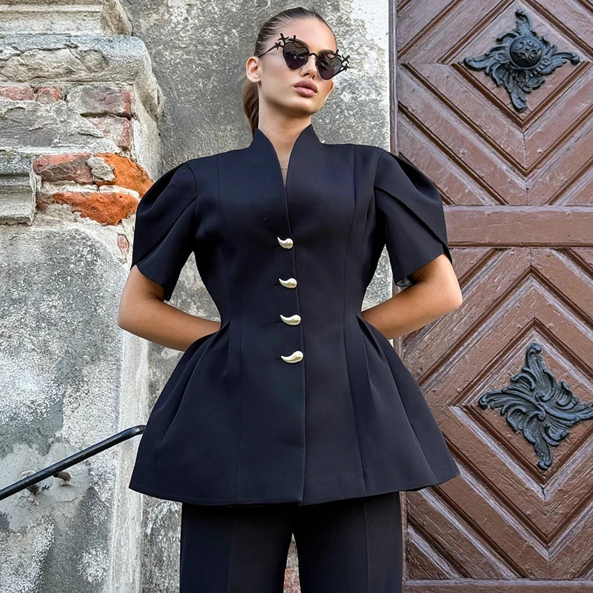 Linad Elegant Wine Red Puff Sleeve Woman Blouse 2026 Vintage Single Breasted Tops Spring Street Chic Black V Neck Ladies Tops - Kimlud