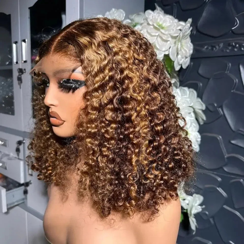 Deep Culry Highlight 4/27 Color 100% Human Hair 16Inch Bob Wigs 13x4 HD Lace Frontal Bob Human Hair Wig 200%Density Remy...