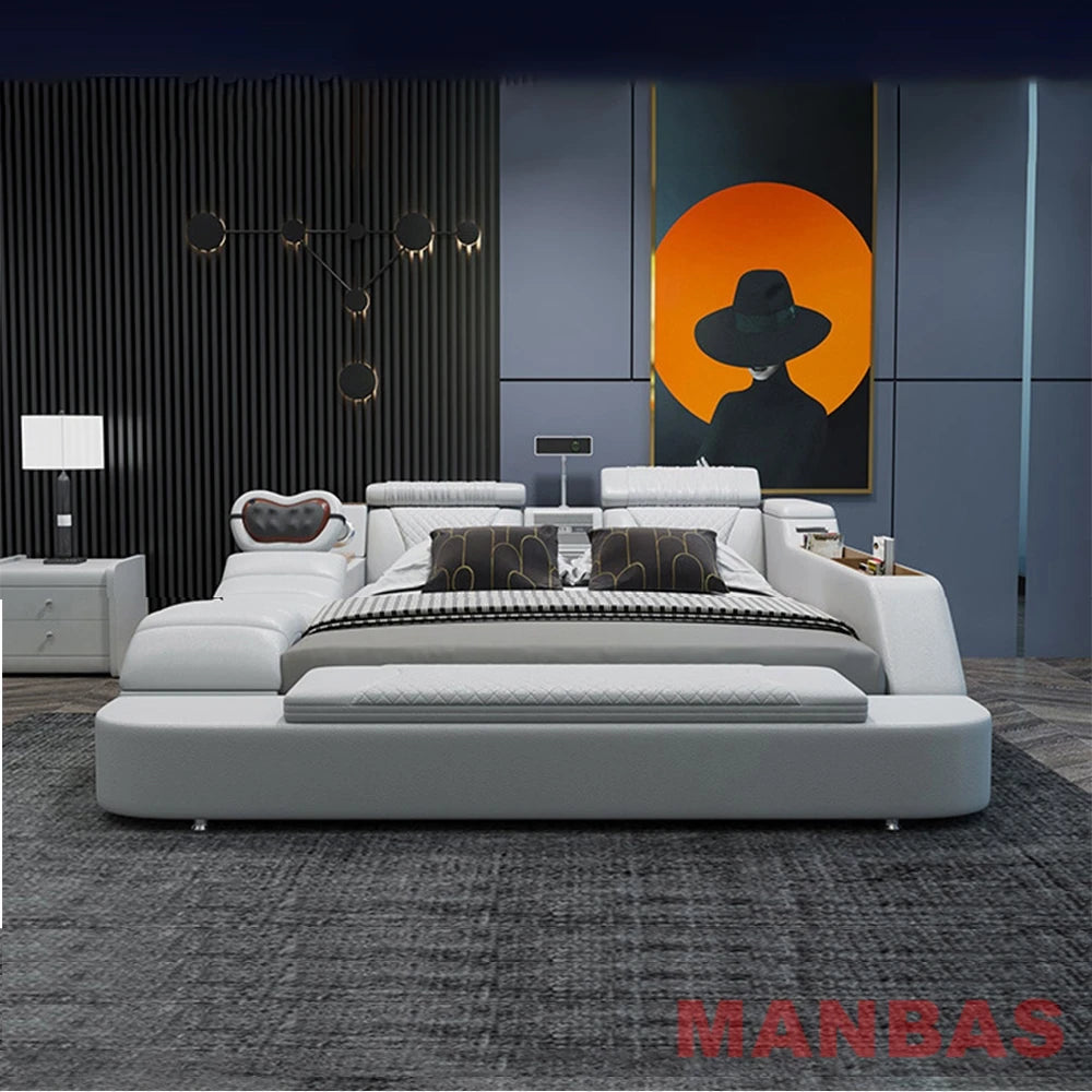 Modern Tech Smart Bed, King/Queen Size Genuine Leather Bed with Projector,USB, Speaker, Luxury Multifunction Bed, All In...
