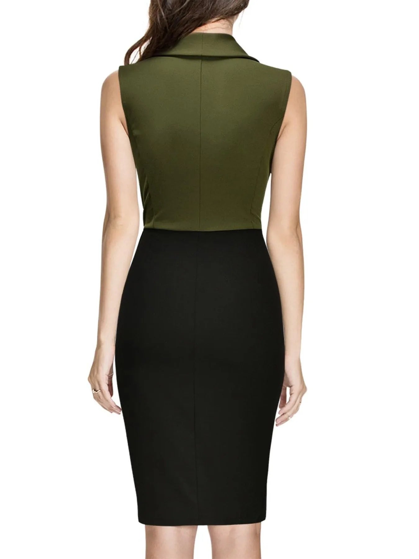 Womens Sexy Deep V Neck Sleeveless Work Patchwork Knee Length Buton Business Casual Party Split Pencil Bodycon Sheath Midi Dress - Kimlud