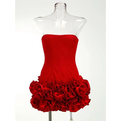Stereoscopic Flowers Back Laceing Strapless Solid Bandage Mini Evening Dress Sweet Woman Birthday Party Patchwork Lace Up Dress