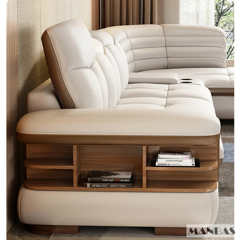 Luxury L-Shaped Genuine Leather Sectional Sofa Sets with USB, Bluetooth Speaker - Linlamlim Living Room Italian Leather Couches - Kimlud