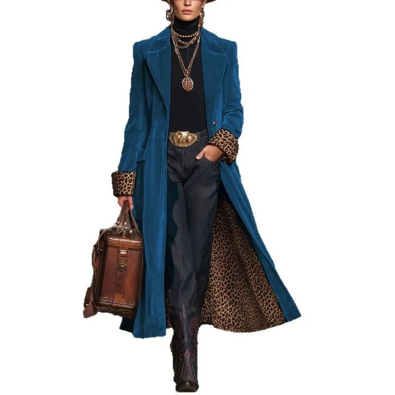 Vintage Pink Velvet Long Trench Coat Women Leopard Lining Lapel Overcoat Western Style Fit Winter Outerwear Long jacket Coat  Ne