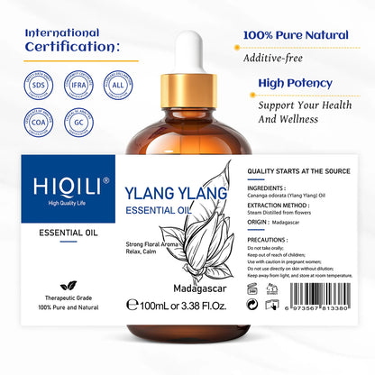 HIQILI Ylang-Ylang Essential Oil 100ML Citronella Geranium 100% Natural Tree Oil for Skin Massage Stress Relief & Aromatherapy
