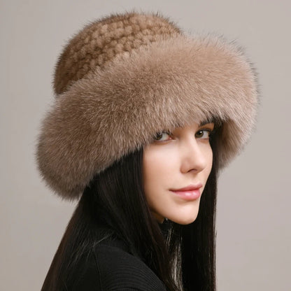 New Genuine Real Natural Knitted Mink Fur Hat Luxury Women Handmade Knit Fashion Winter Headwear Warm Real Fox Fur Beanies Caps