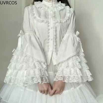 Japanese Sweet Cute Lolita Flare Sleeve Bow Shirts Women Y2k Aesthetic Lace Patchwork Blouse Kawaii Girl Loose Blusas Mujer Tops