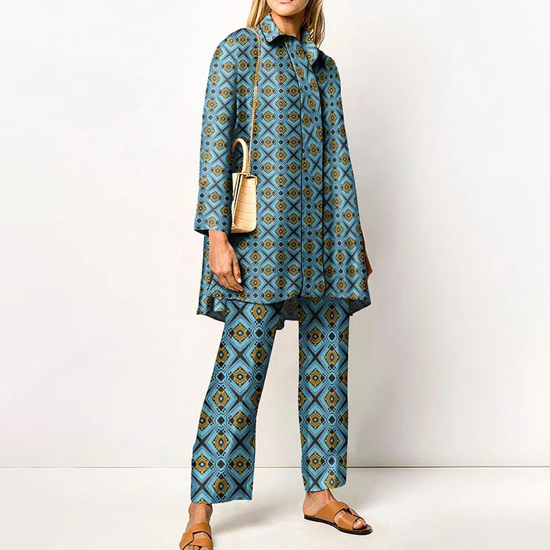 Autumn New Vintage Printed Pant Sets Women Long Shirts And Wide Legs Trousers Two Piece Set Fashion Trendy Streetwear Lady Suits