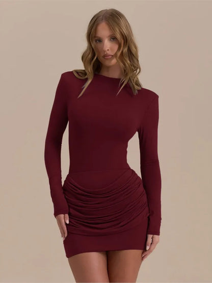Solid Color Gathered Hip Cover Long Sleeve Dress Women's Spring Summer New Casual Round Neck Dresses For Women Ropa...