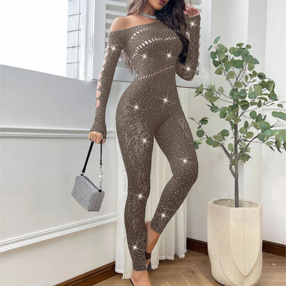 2025 Lace Embroidery Bra Set Women Sexy Mesh Rhinestone Jumpsuit Long Sleeve See Through Sexy Bustier Lingerie for Women - Kimlud