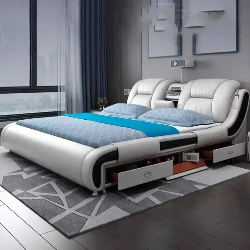 Queen Luxury Modern Double Bed Storage Multifonction Bedroom King Double Bed White Frame Smart Cama Box Casal Room Furniture - Kimlud
