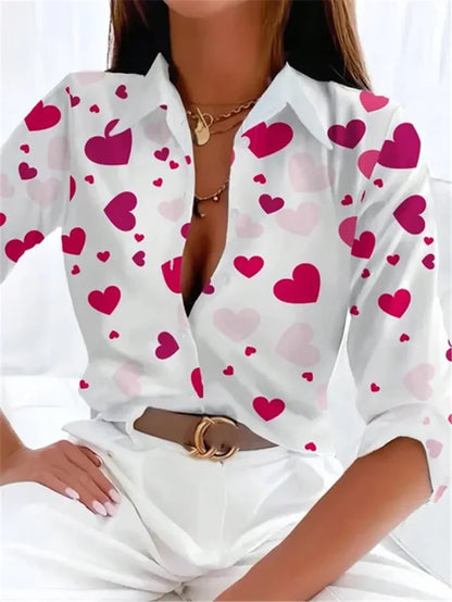 Women Chiffon Shirts Elegant Work Casual Tops Spring Summer Sweet Long Sleeve Love Heart Print Pattern Office Lady Blouse Shirts