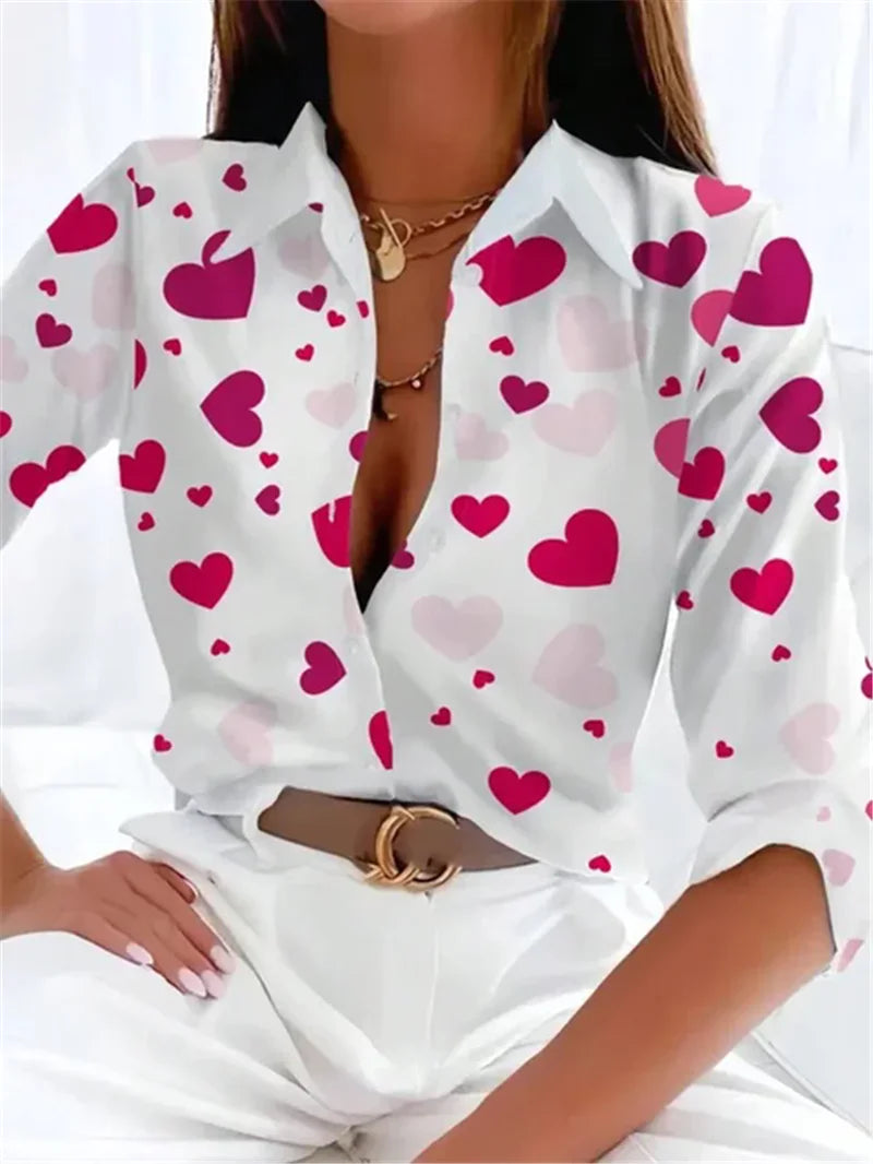 Women Chiffon Shirts Elegant Work Casual Tops Spring Summer Sweet Long Sleeve Love Heart Print Pattern Office Lady Blouse Shirts