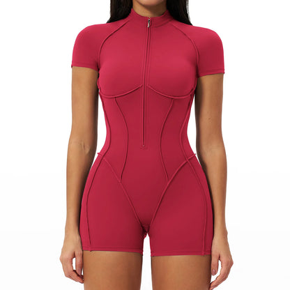 2026 Yoga Bodysuit Short Sleeves Women Tracksuits Gym Zipper Jumpsuits Sports Workout Rompers Fitness One-piece Suit Activewear - Kimlud