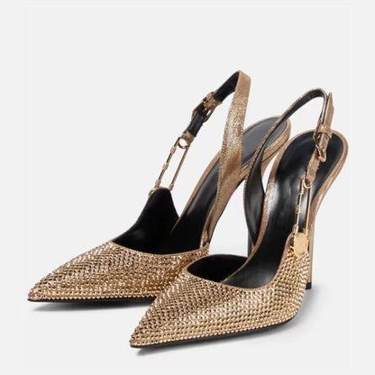 Women Shoes Luxury Rhinestones Sequined Buckle High Heels Elegant Pointed Toe Slingbacks Stiletto Shoes for Women Fashion Shoes