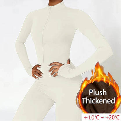 Warm Plush Sports Jumpsuits Women's Tracksuit One-Piece Fitness Suit Winter Gym Sets Long Sleeves Black Exercise Bodysuit Woman - Kimlud