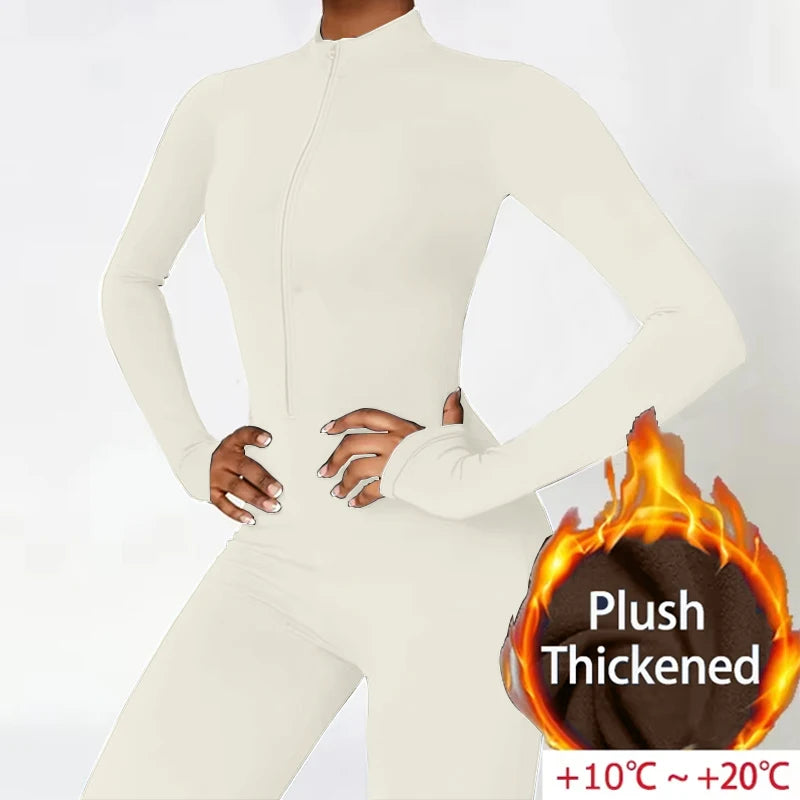 Warm Plush Sports Jumpsuits Women's Tracksuit One-Piece Fitness Suit Winter Gym Sets Long Sleeves Black Exercise Bodysuit Woman - Kimlud