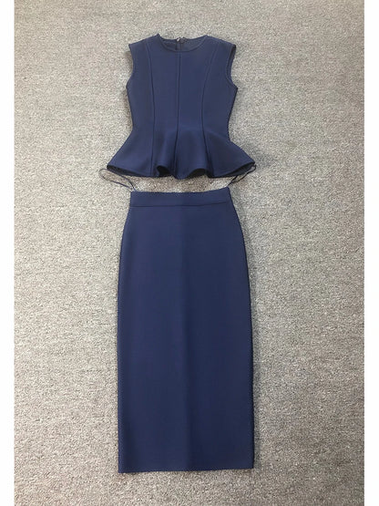Sexy Women Two Piece Sets Sleeveless O Neck Ruffles Crop Top + Midi Bodycon Skirts Bandage Suits Runway Evening Club...