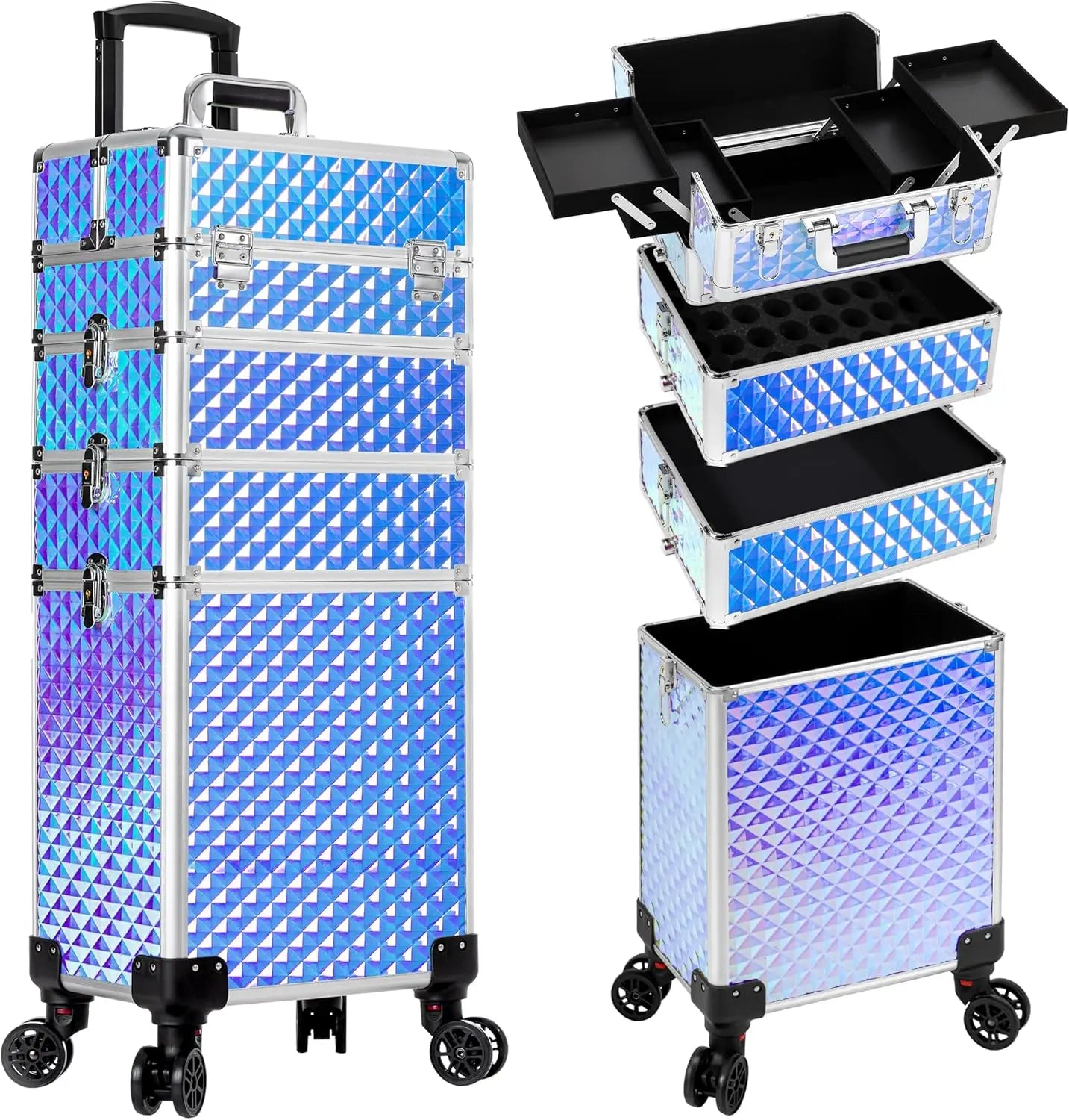 Rolling Makeup Train Case 4 in 1 Cosmetology Case on Wheels Large Storage Cosmetic Trolley with Key Salon Barber Case