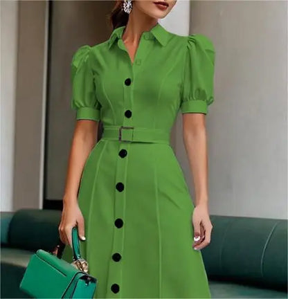 Modigirl 2025 New Womens Summer Shirt Dress with Belt  White Green Short Sleeve Eelegant Long Dresses Clothing for Woman