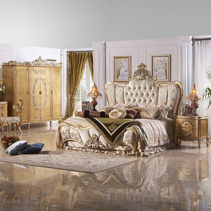 French Rococo Design Home Bedroom Gold Leaf Carving King Size Bed European Classic Luxury Golden Wooden Bedroom Furniture - Kimlud