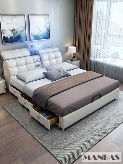 Linlamlim Ultimate Tech Smart Bed - Multifunctional Bedframe with Genuine Leather and Bluetooth Speaker, Drawers,...