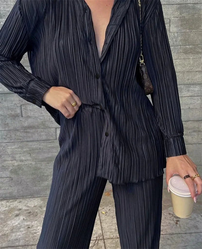 2023 Spring Summer Best Seller Solid Color Draped Loose Fit Smooth Pleated Women's Casual 2-Piece Set Stock Available