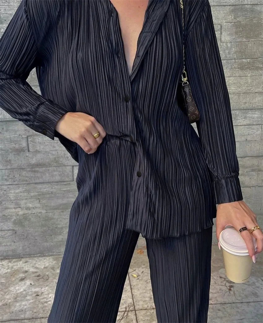 2023 Spring Summer Best Seller Solid Color Draped Loose Fit Smooth Pleated Women's Casual 2-Piece Set Stock Available