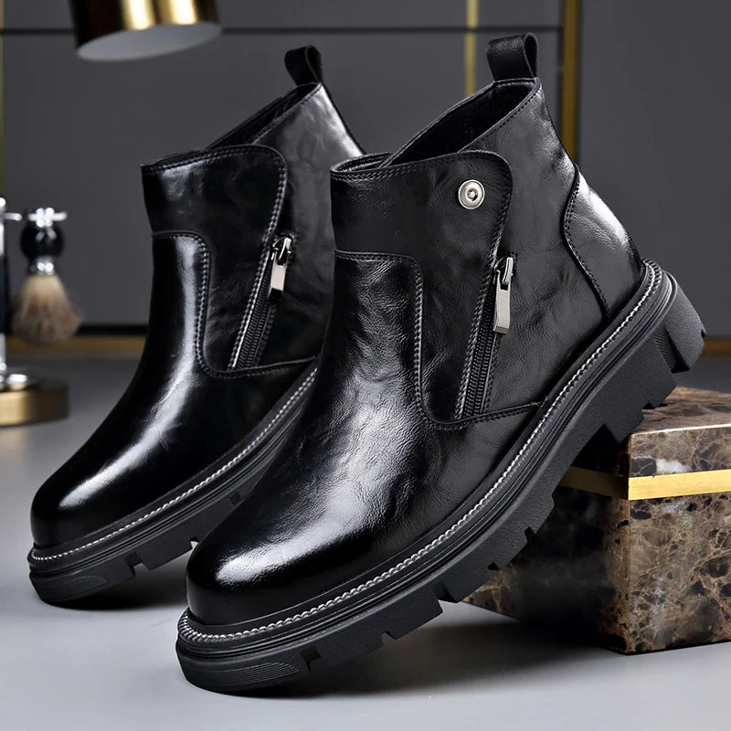 British Style Fashion Men's Casual Leather Boots Outdoor High Top Genuine Leather Non-slip Ankle Boots Retro Style Walking Botas