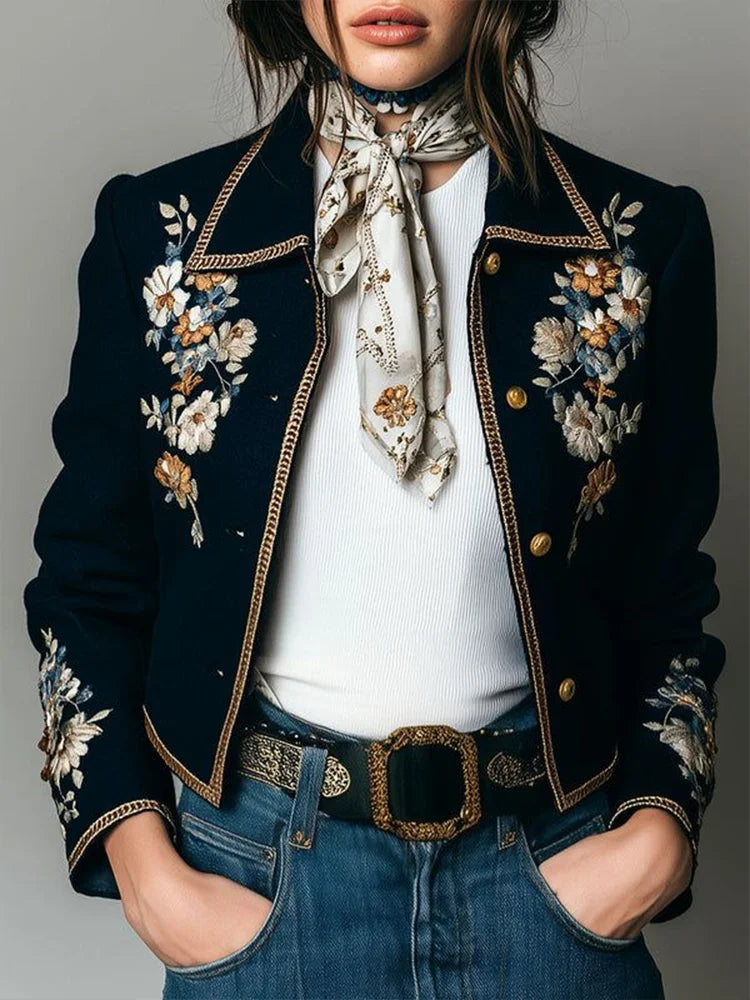 American Retro Floral Printed Jacket for Women'a Fall Winter Turn Down Collar Single Breasted Casual Vintage Short Coat 2025