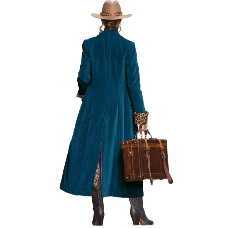 Vintage Pink Velvet Long Trench Coat Women Leopard Lining Lapel Overcoat Western Style Fit Winter Outerwear Long jacket Coat  Ne